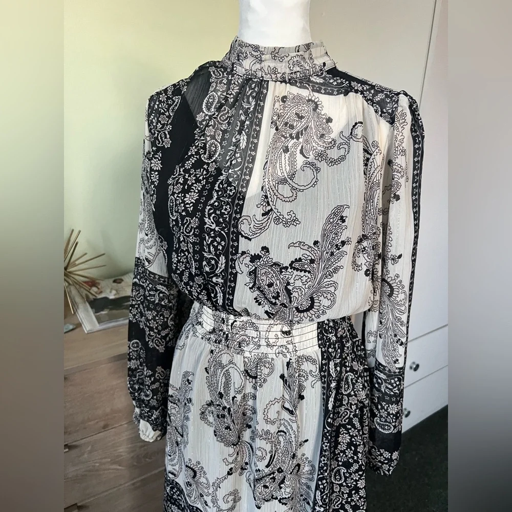 MANGO Blondie Printed Paisley Gold Thread Puff Sleeve Modest Midi Dress Sz XS-S - Picture 6 of 16